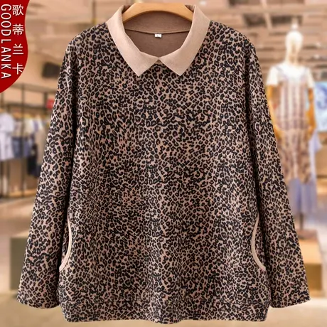 中年胖妈妈秋装上衣时尚洋气宽松减龄打底衫加肥加大码女豹纹小衫商品大图