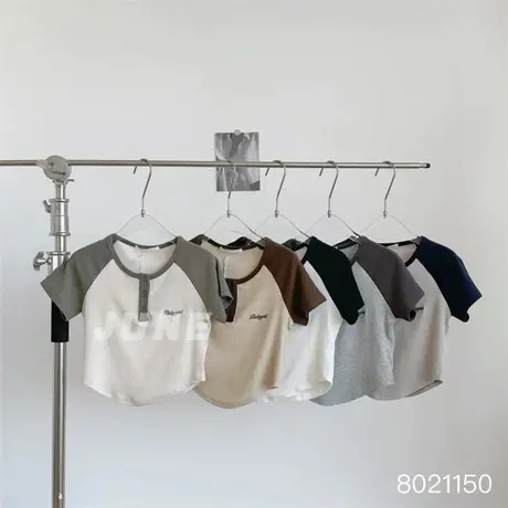 美式复古短款T恤女短袖夏季拼色插肩袖辣妹洋气高腰小衫bm上衣夏商品大图