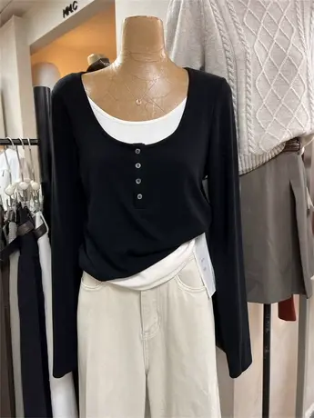 十三行女装秋季韩版假两件长袖T恤女修身显瘦打底衫减龄上衣壹商品大图