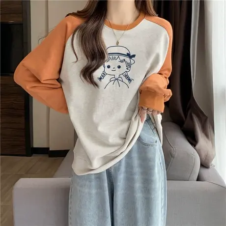 童趣风卡通卫衣长袖女秋冬宽松显瘦百搭加绒加厚插肩袖上衣外套潮商品大图