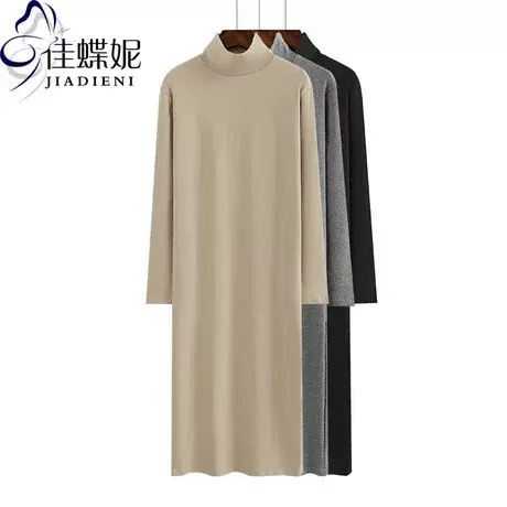 秋冬新款半高领修身显瘦纯色简约纯棉过膝长款打底长袖连衣裙女装商品大图