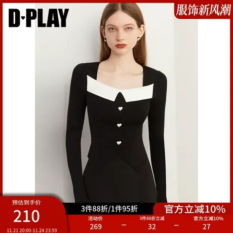 DPLAY秋装法式优雅黑拼白撞色翻领爱心纽扣显瘦针织衫上衣女图片