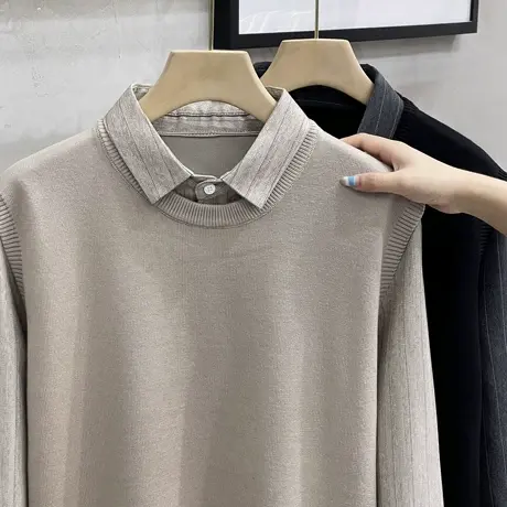 轻商务休闲潮流假两件毛衣男秋冬季修身休闲针织衫上衣保暖毛线衫商品大图