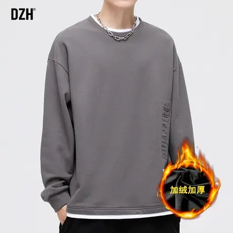 男士假两件加绒加厚钢印卫衣男冬季2023新款潮牌灰色圆领宽松上衣商品大图