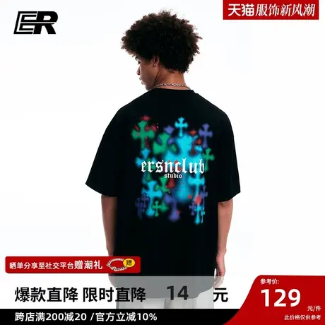 ER基础简约短袖男2023夏季新款休闲宽松美式潮牌ins体恤棉黑色商品大图
