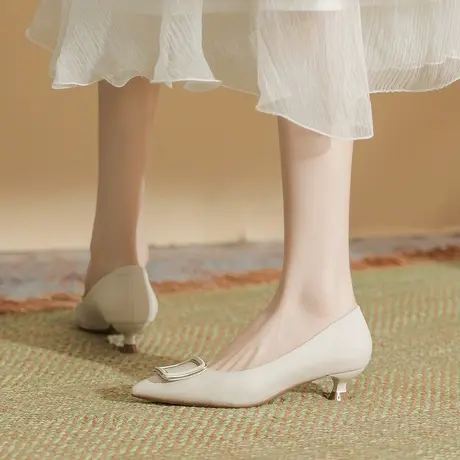 法式气质米白色高跟鞋女2024年春季新款性感百搭尖头细跟职业单鞋商品大图