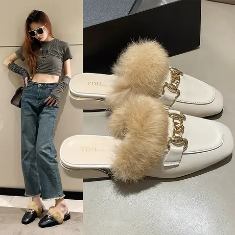 穆勒鞋兔毛包头毛毛拖鞋女外穿毛拖鞋女2023新款毛绒厚底冬季晨袍商品大图