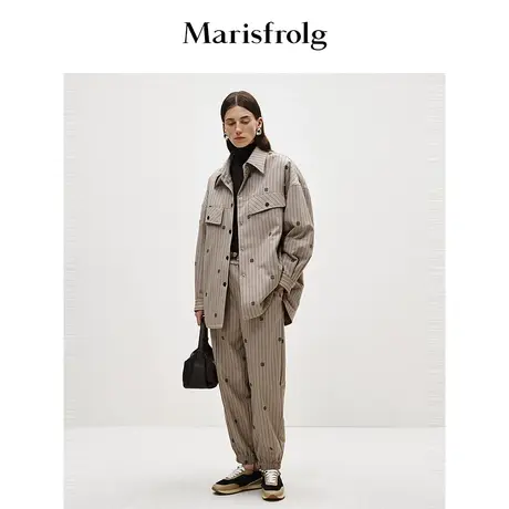 【商场同款】玛丝菲尔冬季新款卡其色时尚绣花直筒休闲裤图片