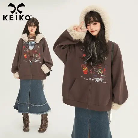 [加密绒]涂鸦印花宽松开衫外套2024早春美拉德穿搭毛领连帽衫卫衣图片