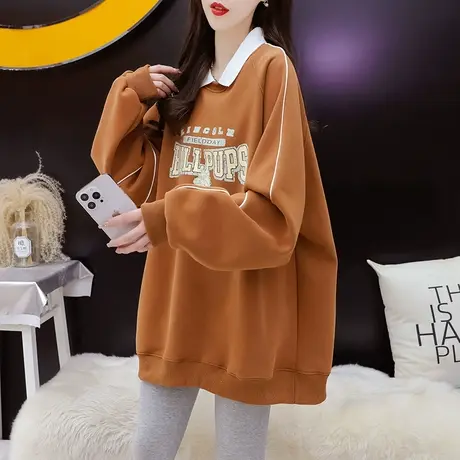 加绒加厚polo领卫衣外套女2024新款早春季爆款洋气宽松慵懒风上衣图片