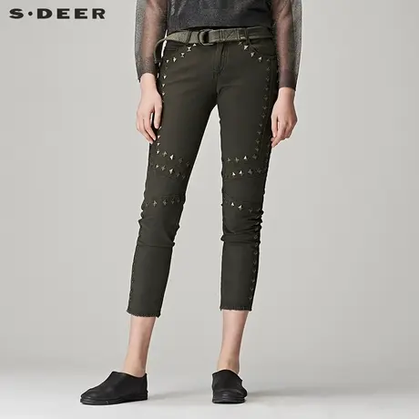 sdeer圣迪奥女装秋装军绿铆钉斜插挖袋九分裤小脚裤S17380838商品大图