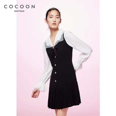 商场同款2023春新款经典的黑白色拼接蝴蝶结装饰连衣裙女图片
