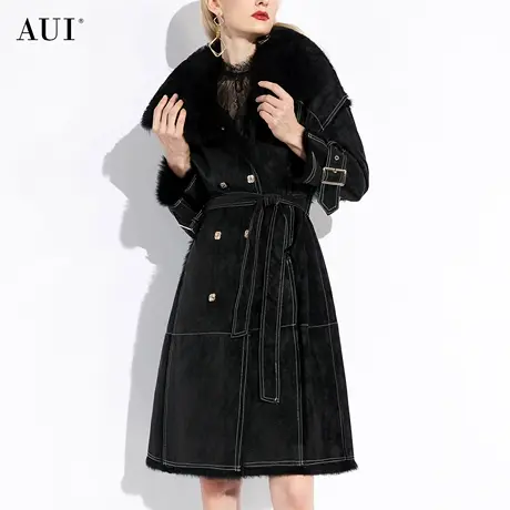 AUI黑色羊卷毛领皮草外套女2023冬季新款中长款皮毛一体保暖大衣图片