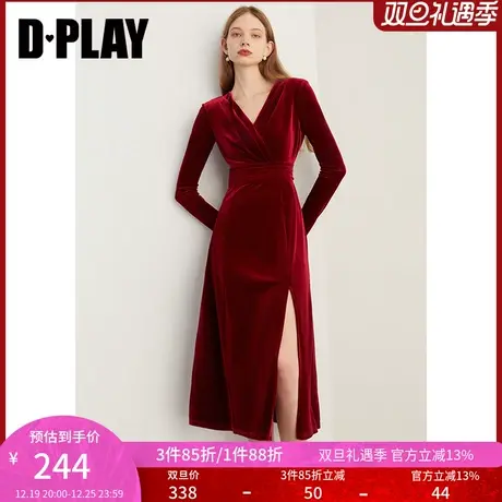 DPLAY春新法式风红色V领门襟交丝绒敬酒服礼服裙连衣裙图片