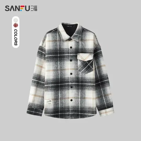 三福2024春季男士经典格纹长衬衫 休闲潮流翻领上衣男481009商品大图