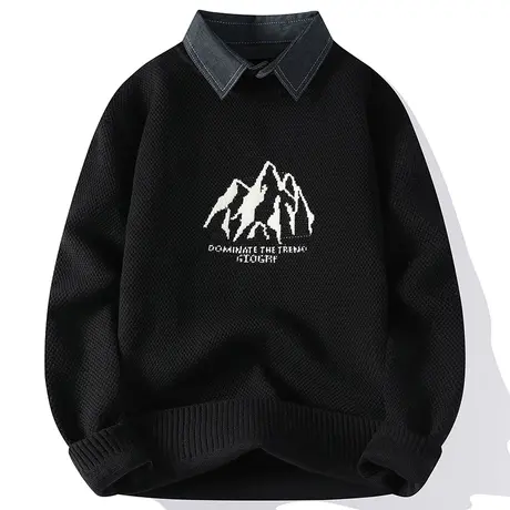 衬衫领毛衣男秋冬款加绒加厚2023新款假两件针织衫男内搭打底线衫商品大图