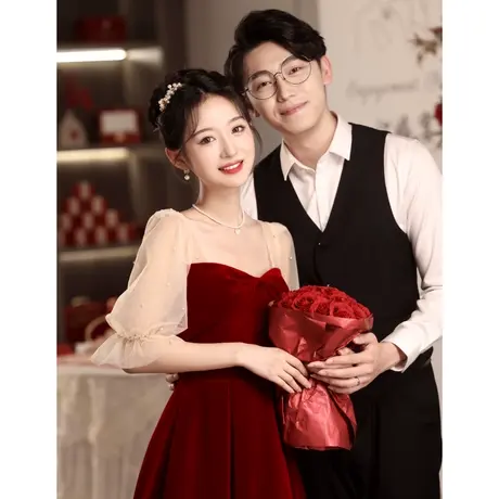 法式敬酒服新娘便装婚宴回门答谢宴出阁宴订婚礼服女红色连衣裙商品大图