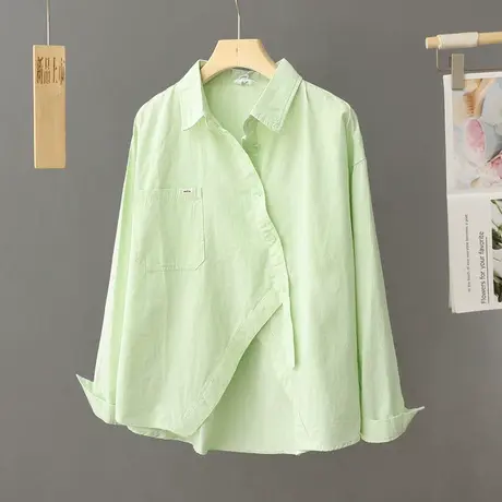 浅绿色衬衫女士春季外穿小个子穿搭短款打底衬衣宽松别致休闲上衣图片