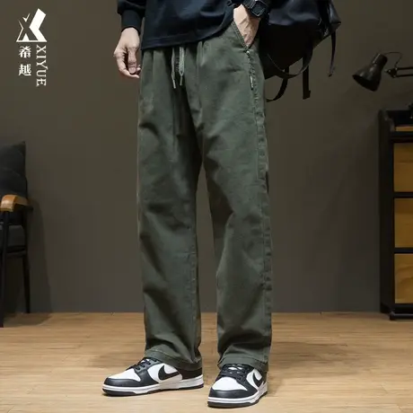 纯棉军绿色休闲直筒裤男士2025夏季新款宽松大码潮流春秋工装长裤商品大图
