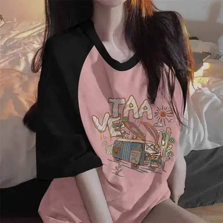 美式复古黑拼粉撞色插肩袖卡通印花短袖t恤女2024新款多巴胺穿搭商品大图