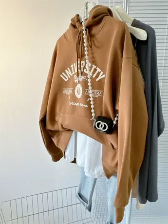 美式复古字母印花连帽卫衣女春秋新款宽松休闲百搭套头上衣潮商品大图