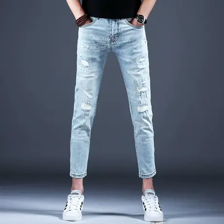 男士破洞印花九分牛仔裤子男款2024新款美式高街时尚男裤小脚修身商品大图