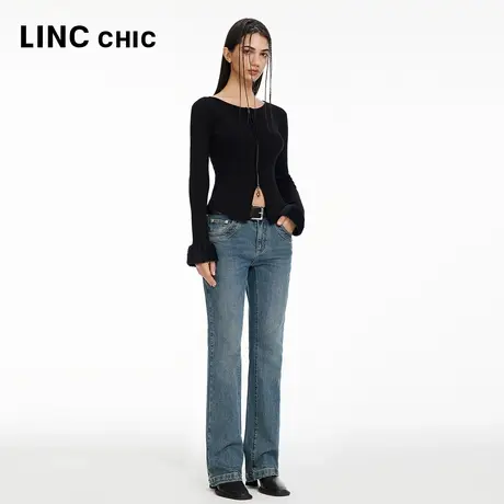 LINCCHIC金羽杰裤子女款中高腰弹力复古微喇牛仔裤女S241JE143Y商品大图