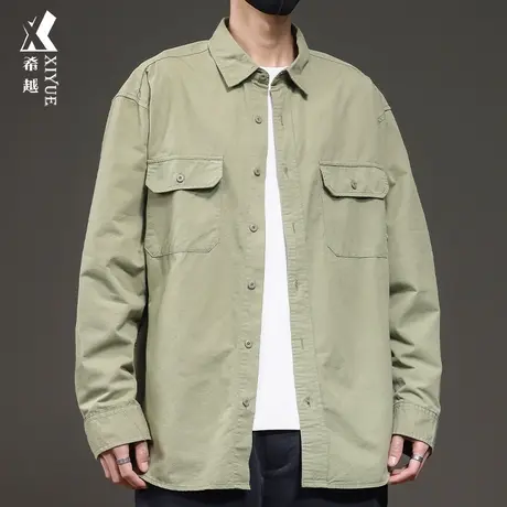 希越潮牌翻领衬衫男2024春季新款宽松大码高密度水洗男士衬衣外套图片