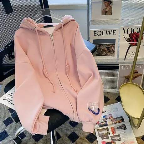 设计感连帽拉链卫衣女2024春秋季薄款潮牌宽松慵懒风chic开衫外套图片