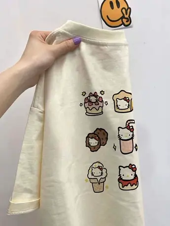 日系复古奶黄色卡通纯棉短袖t恤女夏设计感小众宽松chic港味上衣商品大图