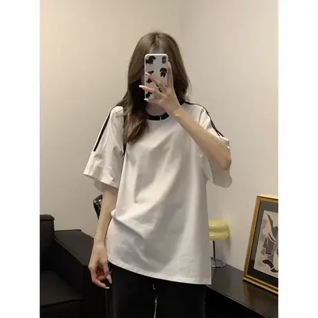 短袖T恤女夏季2024新款宽松韩版潮学生条纹半袖上衣打底小衫潮ins商品大图