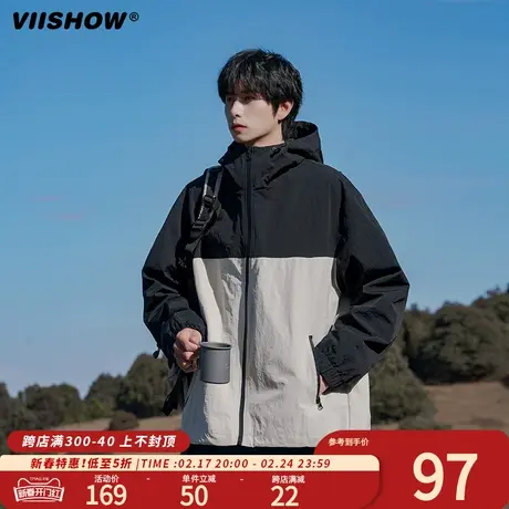 VIISHOW复古潮牌撞色拼接连帽夹克男女春季宽松情侣百搭休闲外套商品大图