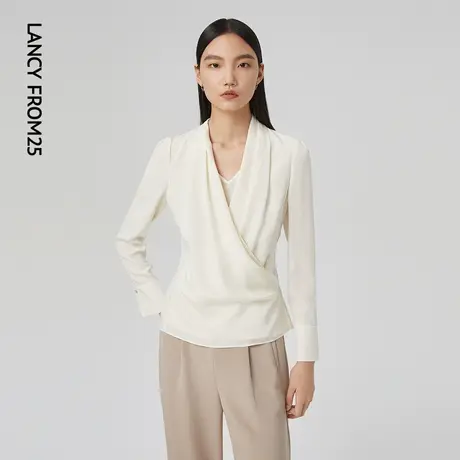 LANCY/朗姿2023年春季新款桑蚕丝白色衬衫收腰显瘦通勤职业衬衣女图片