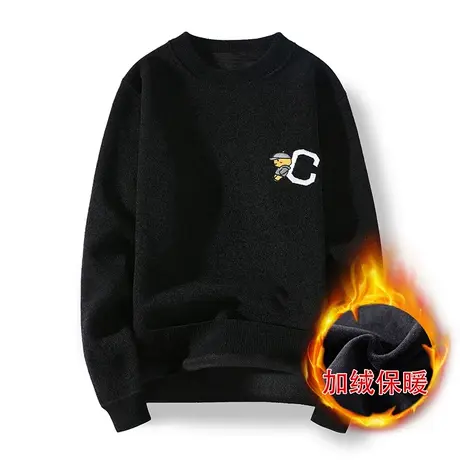 一体绒雪尼尔保暖毛衣男士上衣加绒加厚冬季低领打底衫圆领针织衫商品大图