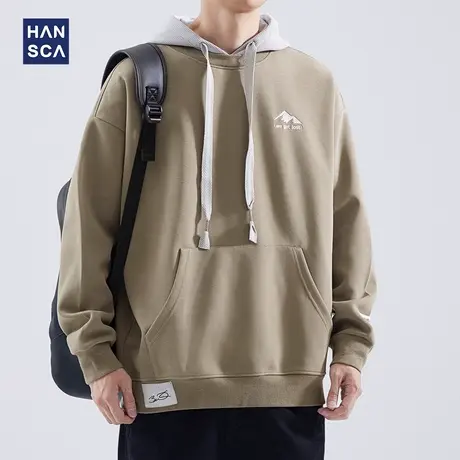 hansca户外山系连帽卫衣男秋冬新款撞色假两件设计感刺绣休闲上衣图片