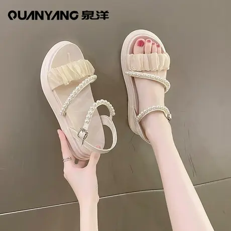 泉洋珍珠凉鞋女夏季2024新款厚底时尚仙女风交叉软底凉鞋配裙子图片