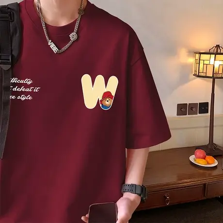 重磅纯棉短袖t恤男2024新款夏季简约圆领半袖宽松潮牌男生体恤衫商品大图