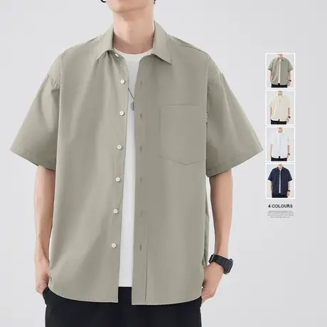 hansca短袖衬衫男士高级感夏季纯色潮流宽松上衣美式休闲衬衣外套商品大图