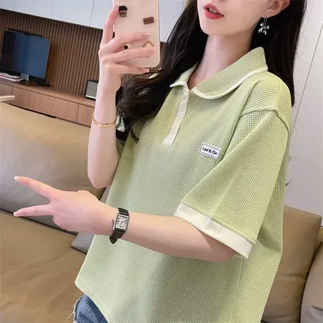 华夫格polo领短袖t恤女夏季宽松大码女装撞色小个子假两件上衣服图片