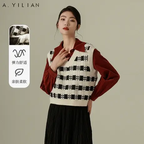 阿依莲黑白拼色针织背心女2024新款春季V领套头针织衫百搭短上衣图片