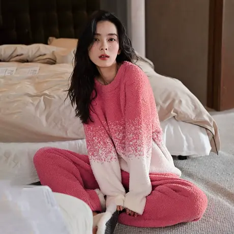 婷美冬季珊瑚绒睡衣女长袖保暖加厚半边绒高颜值家居服秋冬天套装商品大图