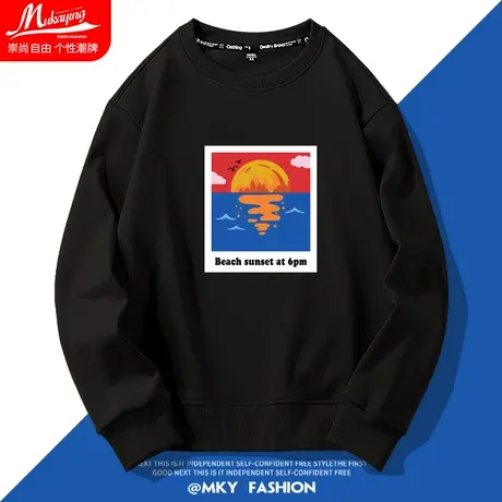 港风潮流圆领卫衣男早秋薄款宽松大码简约ins百搭长袖套头情侣装商品大图