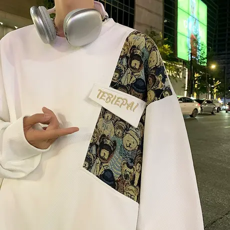 美式小熊刺绣卡通圆领卫衣男秋冬季oversize休闲潮流宽松套头衣服商品大图