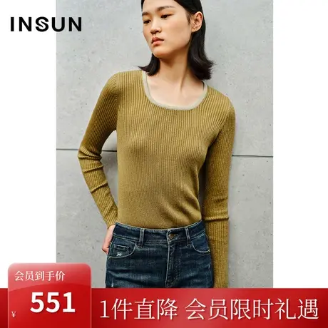 恩裳2023秋季新款简约撞色圆领羊毛混纺金银丝柔软针织衫图片