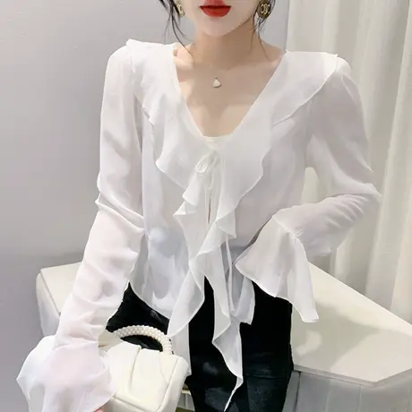 欧货宽松雪纺防晒开衫女夏新款性感气质V领长袖设计感荷叶边上衣图片