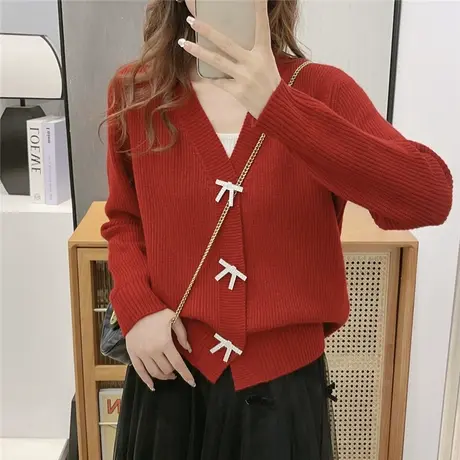秋装2023年本命年红色毛衣开衫外套女新款爆款v领外搭短款上衣女商品大图