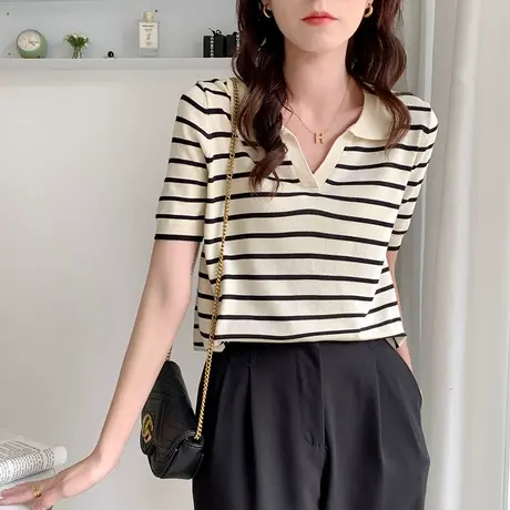 冰丝条纹针织衫短袖T恤女2023年夏季新款撞色polo领宽松上衣ins潮商品大图