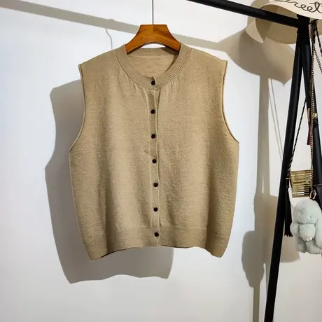 针织马甲开衫春秋新款纯色百搭宽松圆领叠穿女士无袖毛衣背心坎肩商品大图