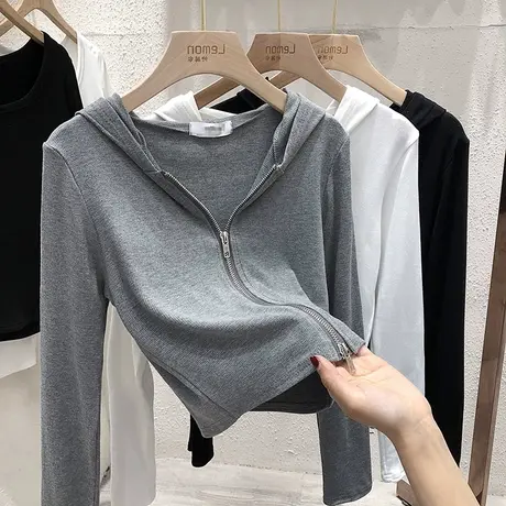 连帽长袖t恤女设计感小众春秋季韩版高腰短款开衫双拉链上衣潮ins商品大图