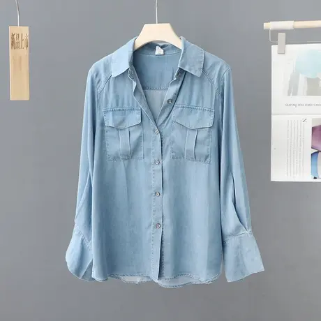喇叭袖牛仔衬衫女上衣宽松小众设计感2023春秋装新款叠穿衬衣长袖图片